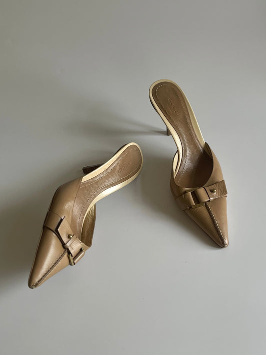 Gucci Buckle Leather Mules, 38.5