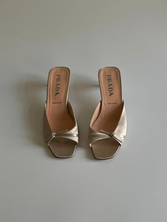 Prada Satin Bow Kitten Heel Mules, 36.5